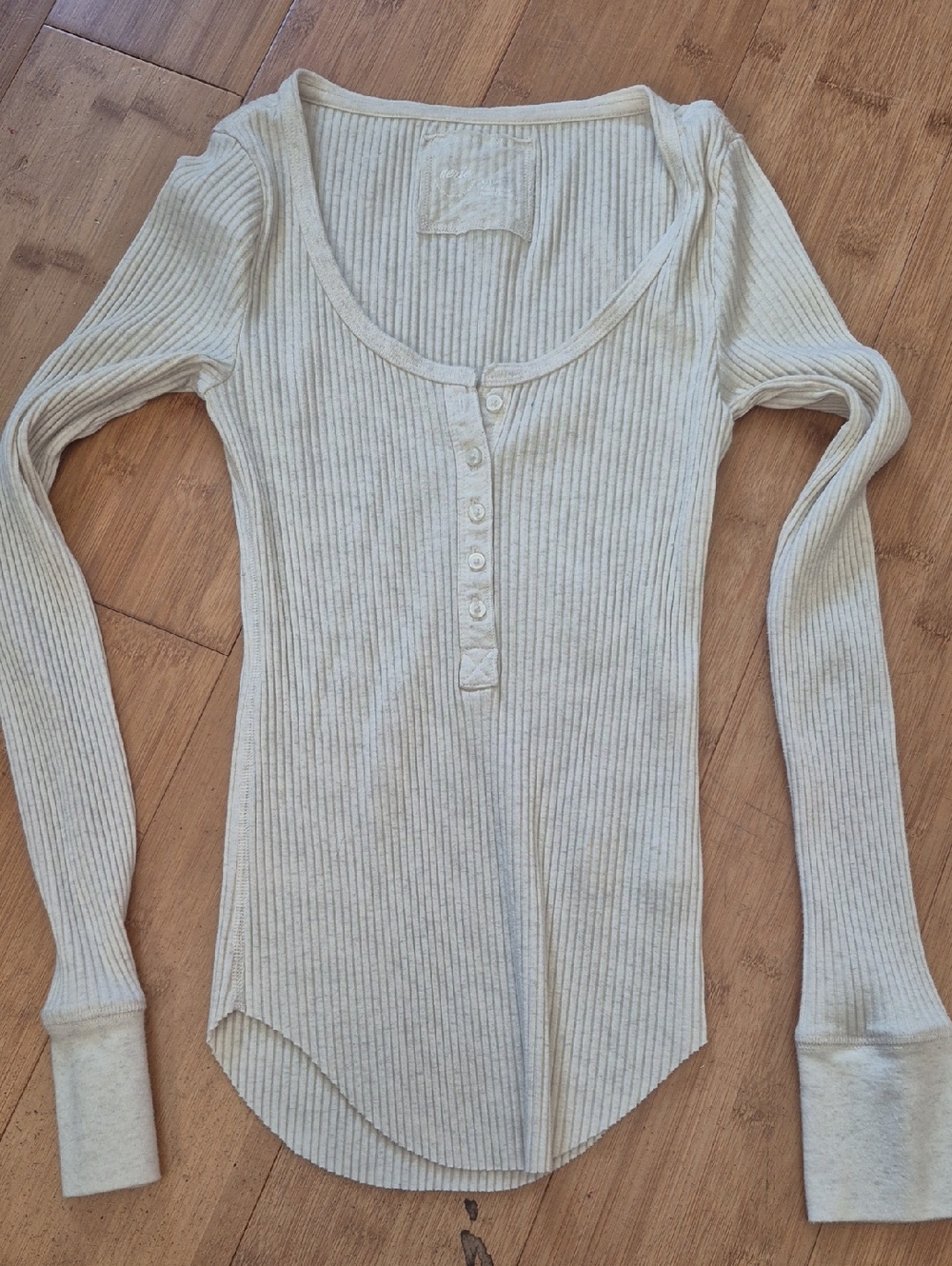 aerie Ribbed Henley Long-Sleeve Top in Cream